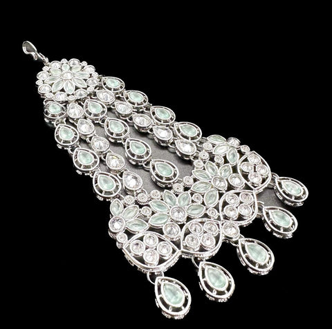 Silver & Pastel Mint AD Stones With Pearls Beautiful Bridal Necklace Set