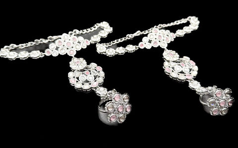 Silver Polki & Mirror Work With Pink & Mint  Pearls Beautiful Bridal Necklace Set