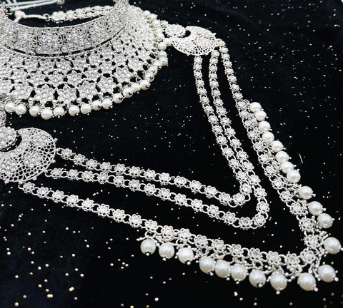 Silver AD Stones With Pearls Beautiful Bridal Necklace Set