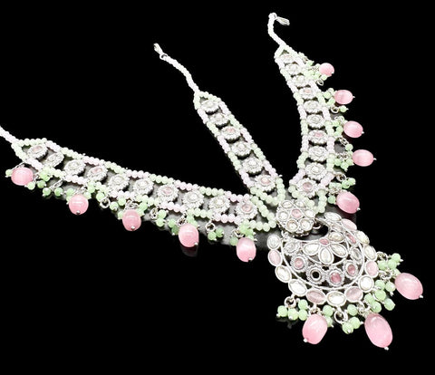Silver Polki & Mirror Work With Pink & Mint  Pearls Beautiful Bridal Necklace Set