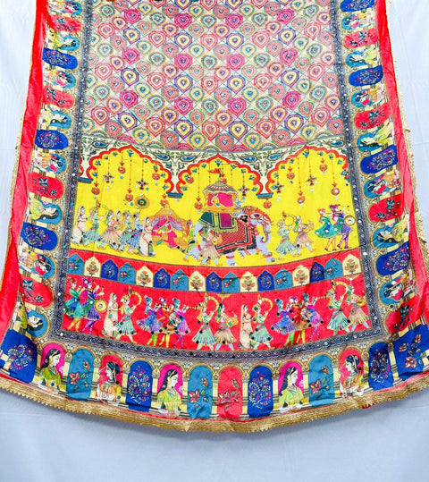 Silk Based Multicolored Digital Print Work With Stone , Mirrors and Lace Border Beautiful Pakistani Dupatta