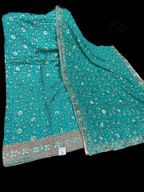 (video clip attached)Purple Wine pure chinnon based embroidery work with handwork kameez with plain silk bottom fabric (2.75 mtrs) and chiffon based heavy hand work dupatta