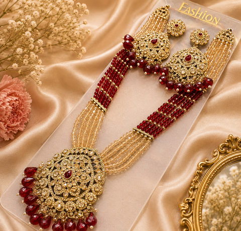 Crystal pearls with fine golden Jerkan stone With Pearls Beaded Necklace Set With Beautiful Earrings (slight variations in color and design is possible)