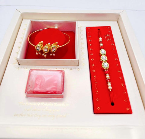 Bhai Bhabhi Pair Beautiful Kundan Stone Studded Rakhi In Beautiful Box Packing with (Rice, Chandan , Mishri, KumKum)