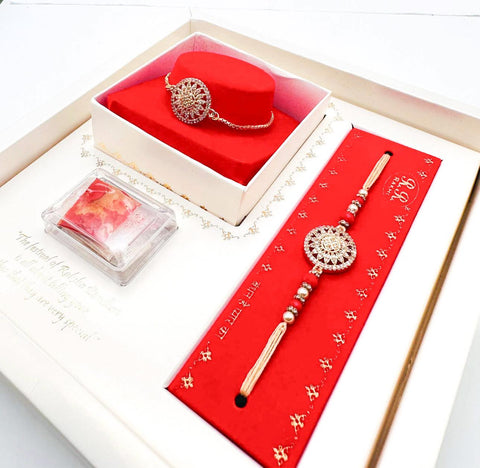 Bhai Bhabhi Pair Beautiful AD Stone Studded Rakhi In Beautiful Box Packing with (Rice, Chandan , Mishri and kumkum)