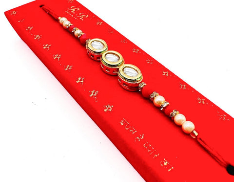 Bhai Bhabhi Pair Beautiful Kundan Stone Studded Rakhi In Beautiful Box Packing with (Rice, Chandan , Mishri, KumKum)