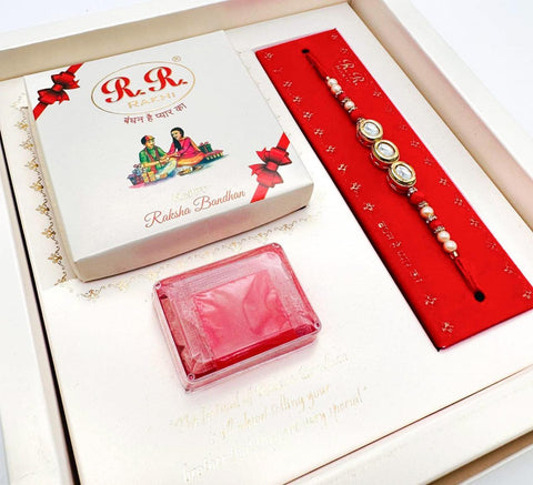 Bhai Bhabhi Pair Beautiful Kundan Stone Studded Rakhi In Beautiful Box Packing with (Rice, Chandan , Mishri, KumKum)