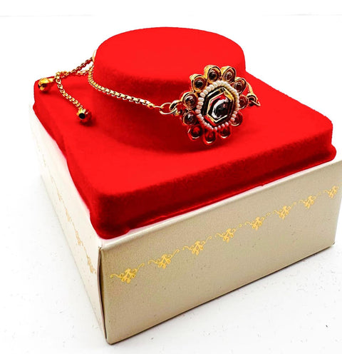 Bhai Bhabhi Pair Beautiful Kundan Stone Studded Rakhi In Beautiful Box Packing with (Rice, Chandan , Mishri, KumKum)