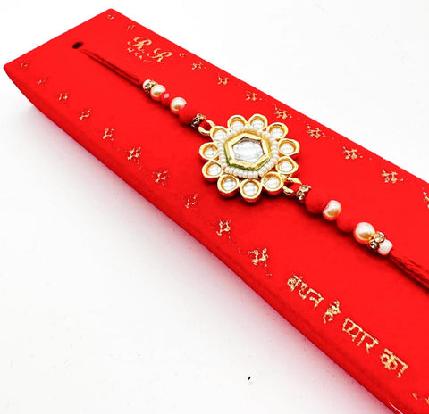 Bhai Bhabhi Pair Beautiful Kundan Stone Studded Rakhi In Beautiful Box Packing with (Rice, Chandan , Mishri, KumKum)