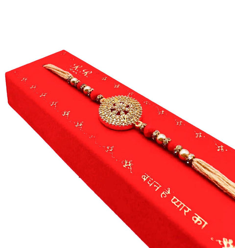 Bhai Bhabhi Pair Beautiful Kundan Stone Studded Rakhi In Beautiful Box Packing with (Rice, Chandan , Mishri, KumKum)