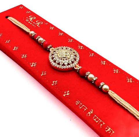 Bhai Bhabhi Pair Beautiful AD Stone Studded Rakhi In Beautiful Box Packing with (Rice, Chandan , Mishri and kumkum)