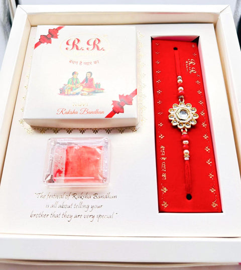 Bhai Bhabhi Pair Beautiful Kundan Stone Studded Rakhi In Beautiful Box Packing with (Rice, Chandan , Mishri, KumKum)