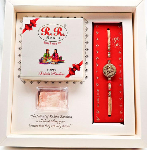 Bhai Bhabhi Pair Beautiful Kundan Stone Studded Rakhi In Beautiful Box Packing with (Rice, Chandan , Mishri, KumKum)