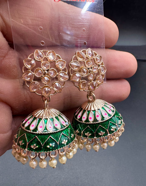 Polki Stone With Pearls Work Beautiful Meenakari Jhumka