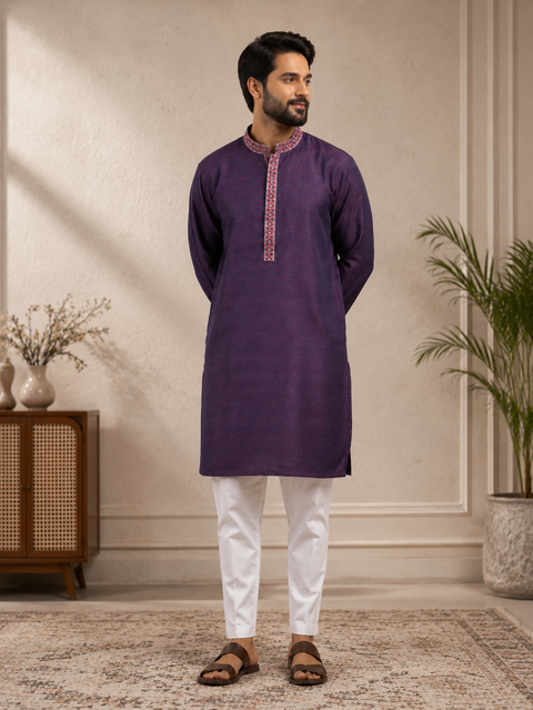 Purple colour cotton kurta with pajama pants (slight variation in color and design is possible )