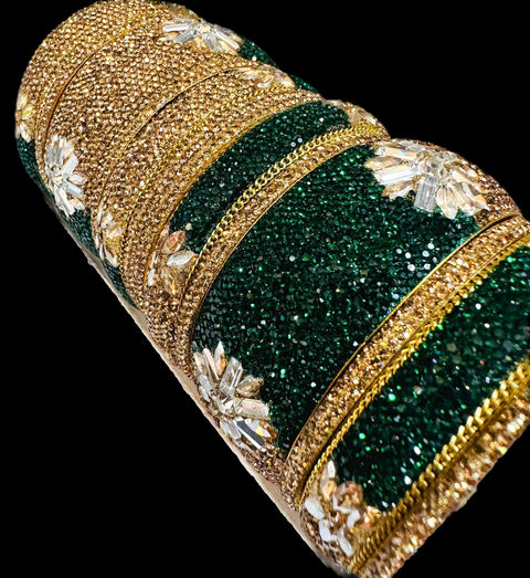 Beautiful fine golden Jerkan with crystal stone work designer churra set for both hand