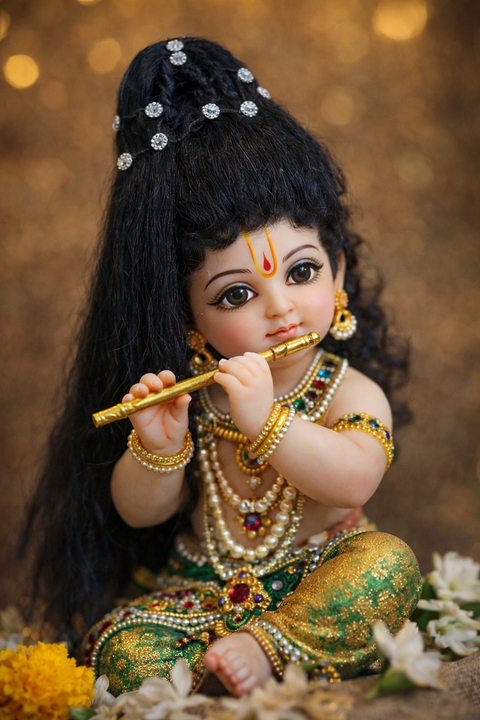 Handcrafted Bal Gopal hair bun with elegant curls , perfect for enhancing your Laddu Gopal’s divine look( note: a peacock feather and mukut  not Included