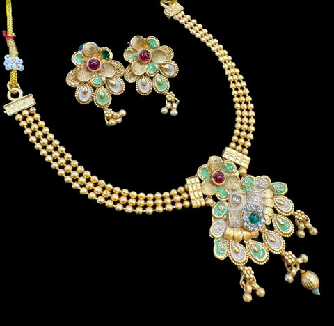 Mat look antique gold traditional necklace set with pearls and kundan work