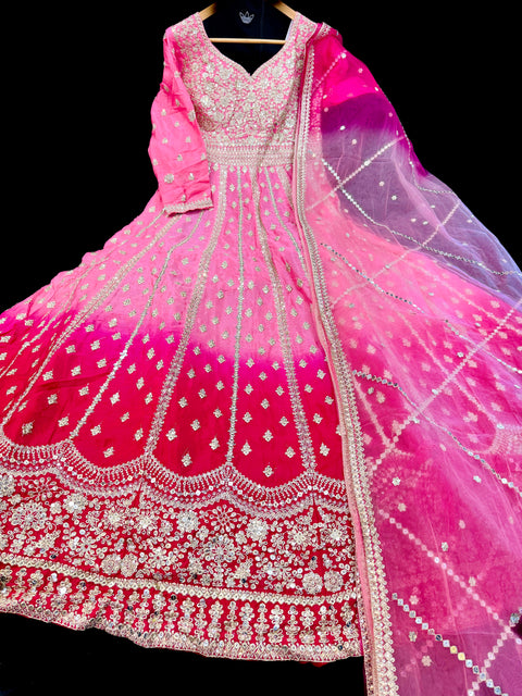 Ombré shades Chinnon Based Embroidery With sequins Work  heavy flared gown/kameez And Netting Based Sequined Work Dupatta