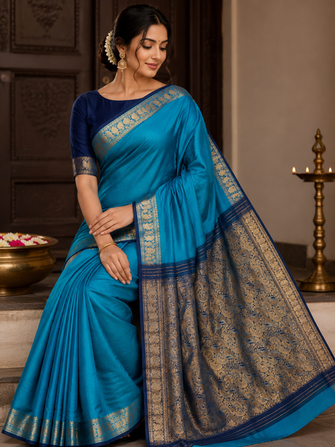Beautiful Soft Silk Saree With Contrast Zari Border And Contrast Plain Blouse.Saree Comes With An Attached Blouse Piece. Model Blouse Is For Reference Only. Slight Variation In Colour And Design May Occur