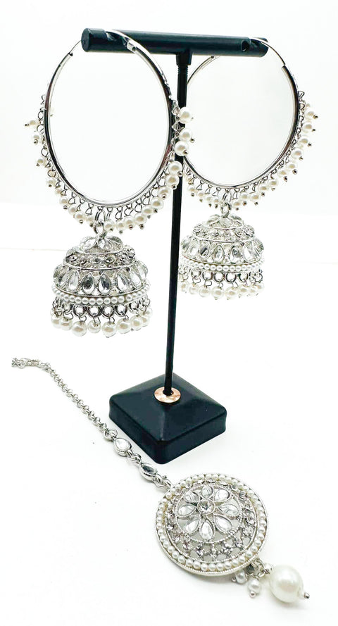 Silver stone with pearls work beautiful Jhumka Balian big size with Tikka