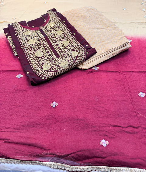Silk based embroidery with sequined work designer kameez with salwar and chinnon based embroidery dupatta