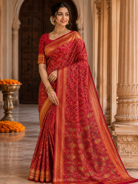 Elegant Soft Silk Blend Saree featuring intricate all-over woven motifs and a rich zari border. The lightweight fabric offers a graceful fall and comfortable drape, Blouse piece is attached with the saree. Slight variation in color and design may occur.
