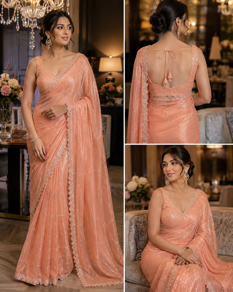 Elegant Jimmy Choo Saree featuring intricate handwork detailing and a beautifully embellished border. Comes with an attached matching blouse piece, blouse worn by the model is for reference purposes only(slight variation in color and design is possible)