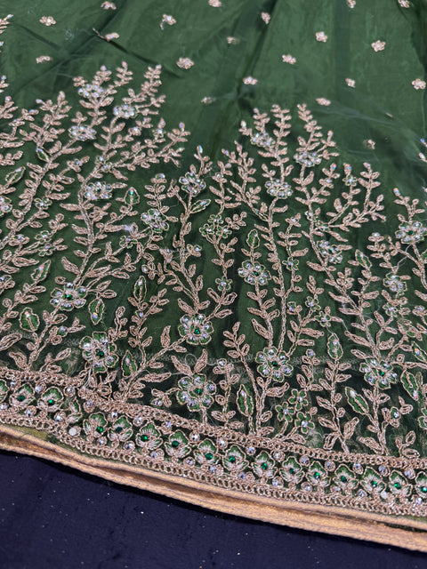 Netting based Golden stones and embroidery work all over front & back of kameez & long Jacket with stone work and beautiful lehnga & netting dupatta (Size 42 and can be altered upto 44)