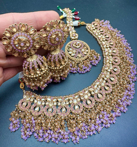 Original Polki stone with pearls beaded work beautiful necklace with jhumka and tikka set