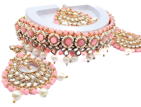Pearls beaded with Kundan stone beautiful choker necklace with Earrings & Tikka