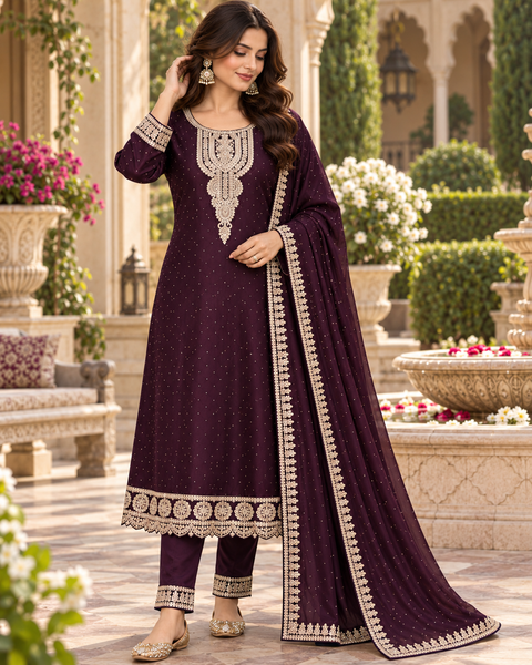 Georgette Silk suit set featuring elegant golden embroidery on the neckline, sleeves and hem, paired with matching pants and a beautifully bordered dupatta.Slight variation in colour and design may be possible.