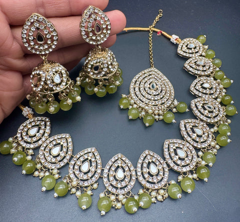 Jerkan stone with pearls beaded work beautiful necklace with jhumka and tikka set