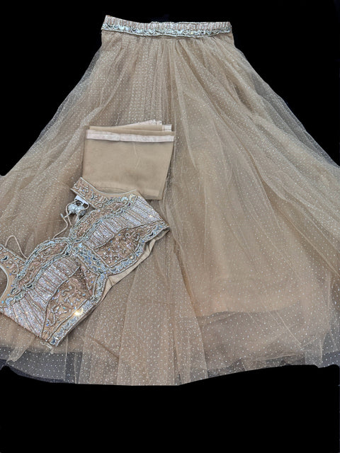 Netting based stones with mirror work designer blouse with shimmery netting heavy flared lehnga and netting based sequined work dupatta