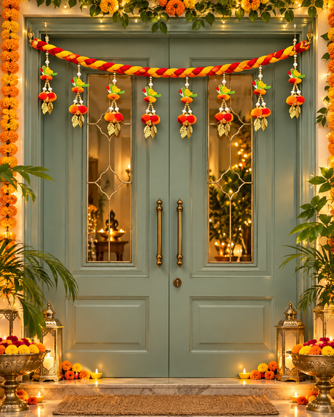 Bird design Festive Diwali Door Toran – Beautifully designed with colourful pom-poms, pearl detailing and elegant golden hanging accents. Slight variation in colour and design may occur