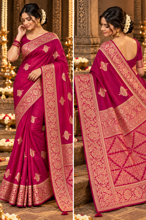 Luxuriously soft silk saree with a smooth, lightweight feel and beautifully flowy drape. Featuring rich woven zari floral motifs and an elegant detailed border .Blouse piece included. Slight variation in colour and design is possible.