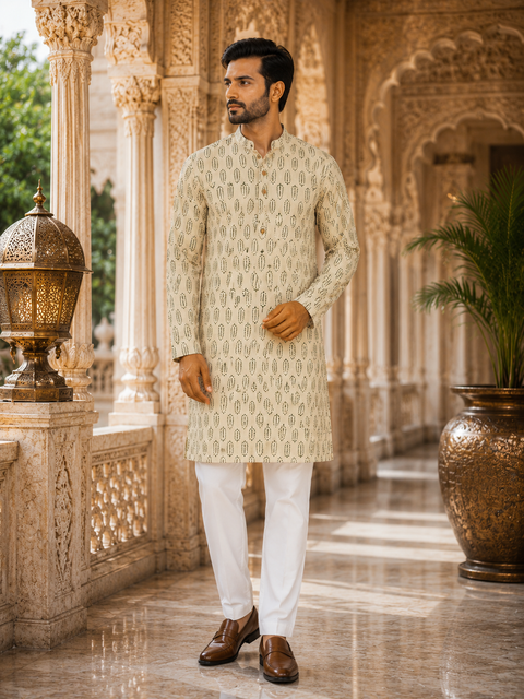 Pure Cotton Based Men’s Printed Kurti (Sizes Mentioned In Inches ,Not According To The Label On Kurti) Size 44 Kurti- Length 40 Inches And Size 46-Length 42 Inches ) Kurti only. Pants not included.