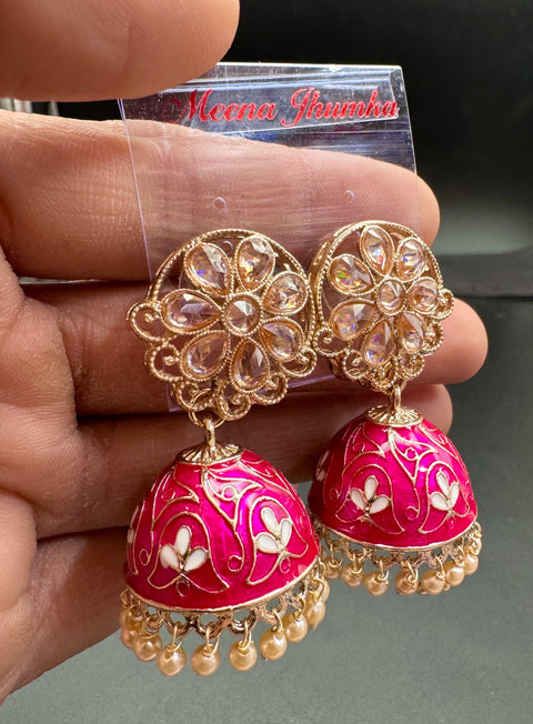 Polki Stone With Pearls Work Beautiful Meenakari Jhumka