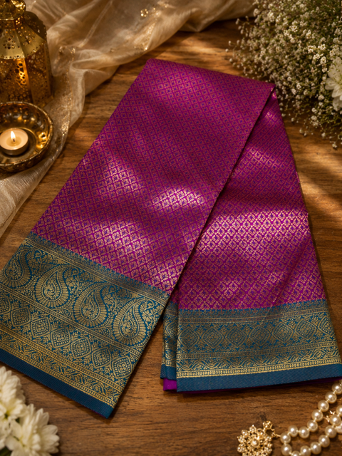 Premium soft Silk Saree with rich zari weaving and contrast woven pallu. featuring elegant dual-tone shades.Model-worn blouse is for reference only. Unstitched blouse piece is attached with saree(slight variation in color & design is possible)