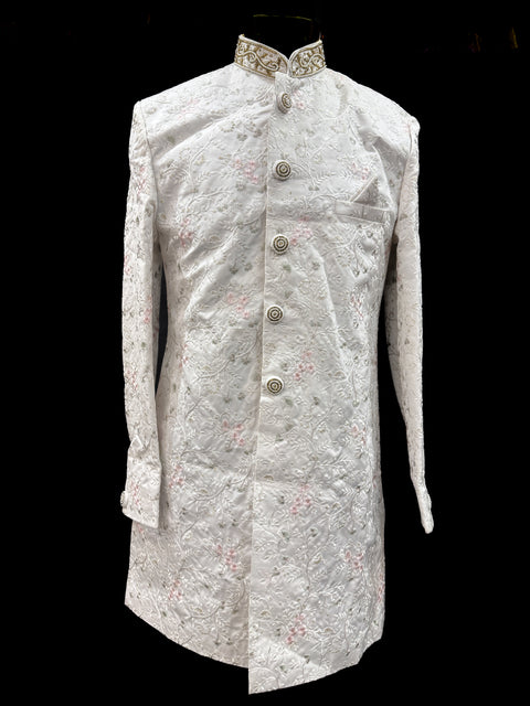 (Video clip attached) White color based  pink color heavy embroidery & pearl sequined work all over with hand work pearl beaded neck, buttons and sleeves design Sherwani and Pants