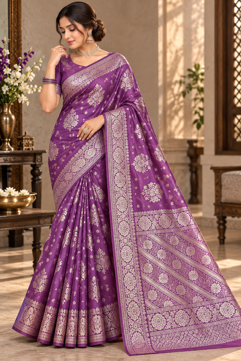 Luxuriously soft silk saree with a smooth, lightweight feel and beautifully flowy drape. Featuring rich woven zari floral motifs and an elegant detailed border .Blouse piece included. Slight variation in colour and design is possible.
