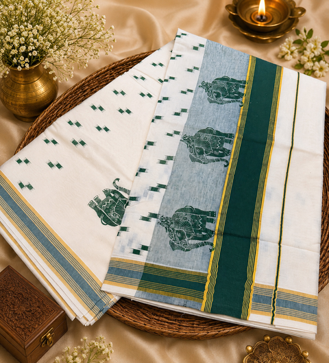 KERALA KASAVU COTTON SAREE WITH BEAUTIFUL ELEPHANT PRINT (slight variation in color & design is possible)