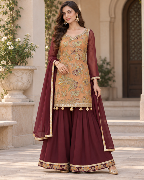 Crepe Silk based embroidery worn kameez with circular plazo & dupatta .Slight variation in colour/design possible