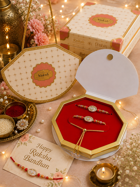 Beautiful Bhai-Bhabhi Rakhi Set featuring elegant stone work with delicate bead detailing and a stylish Bhabhi bracelet. Comes in a beautiful premium gift box, perfect for Raksha Bandhan.