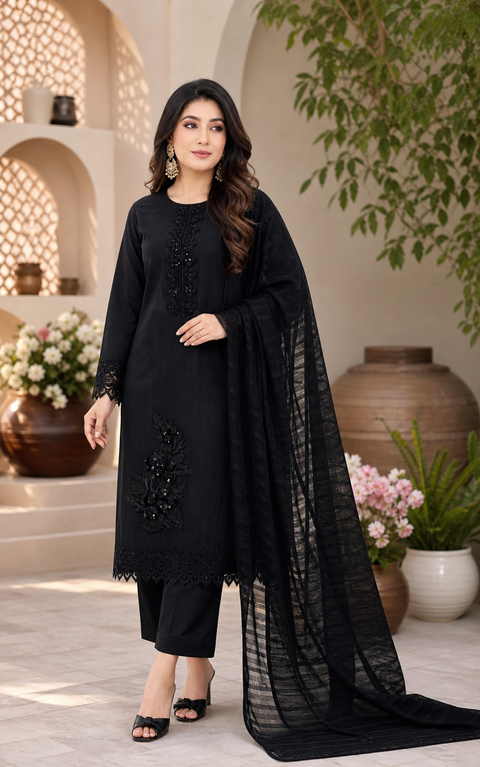 Soft Silk based embroidery work designer kameez with plazo pants and plain chinnon dupatta