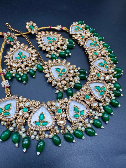 Original Polki stone with pearls beaded work beautiful necklace with earrings and tikka set
