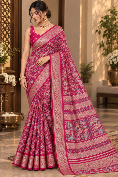 Soft Georgette Printed Saree – Lightweight and flowy with elegant all-over print and border. Matching blouse piece attached; model blouse is for reference only. Slight variation in colour/design is possible.