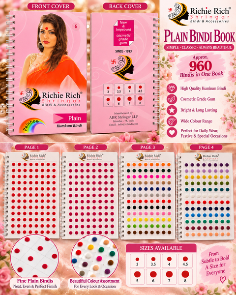 Beautiful Richie Rich Shringar plain round bindis in a variety of vibrant colours. Fine, neat finish with strong adhesive, perfect for everyday wear and special occasions.
Size: 6
Quantity: Approximately 960 bindi per book.