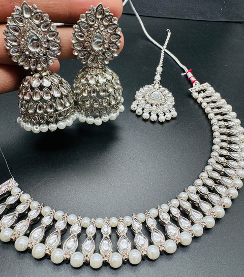 Beautiful pearls with stone beaded choker necklace with jhumka and tikka