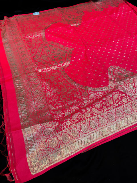 Soft Banarasi Silk brocade saree with stone work and tessels attach on Pallu and contrast brocade blouse piece